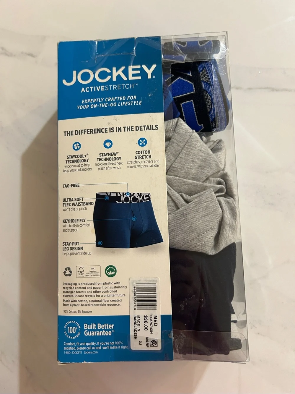 Jockey 3-Pack Cotton Stretch Boxer Briefs - Navy, Gray, Black